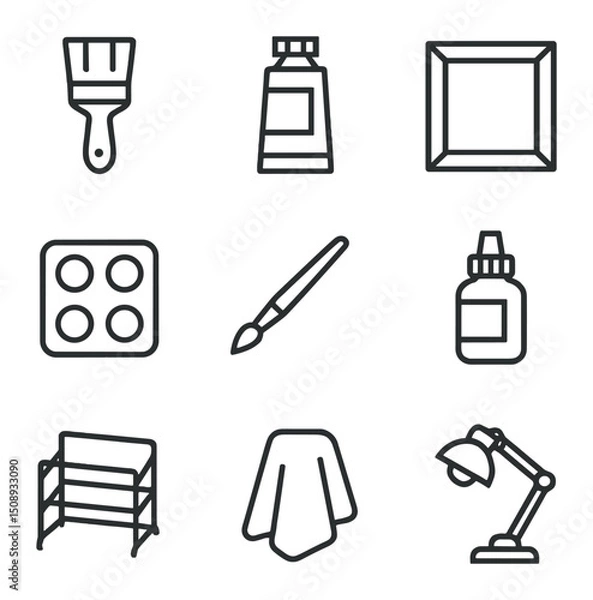Fototapeta Acrylic Painting Essentials Icons. Outline icon set of acrylic painting essentials: flat brush,