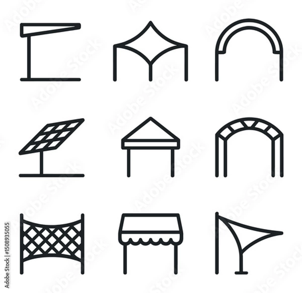 Fototapeta Architectural Shade Icons. Outline icon set of architectural shade structures: cantilever canopy,