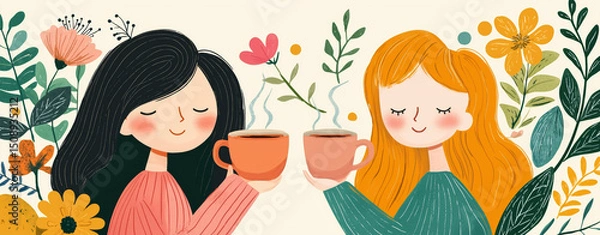 Obraz Enjoy cozy morning coffee with friends, surrounded by vibrant flowers and greenery, creating warm and cheerful atmosphere