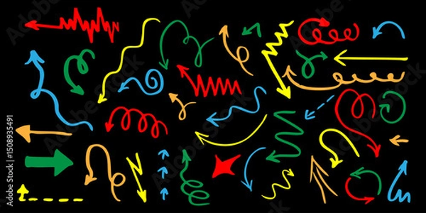 Obraz Crayon arrow sketches collection - hand drawn doodle style pointers, curved lines, round swirls. Chaotic scribbling, artistic design elements set. Black grunge brush strokes isolated on white bg