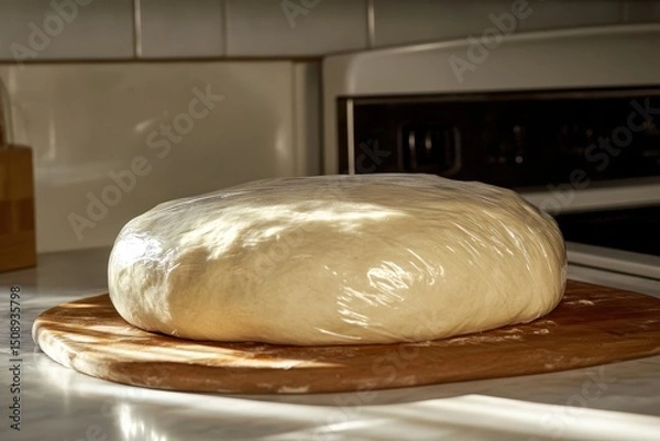 Obraz Freshly Prepared Dough Rising on a Wooden Cutting Board