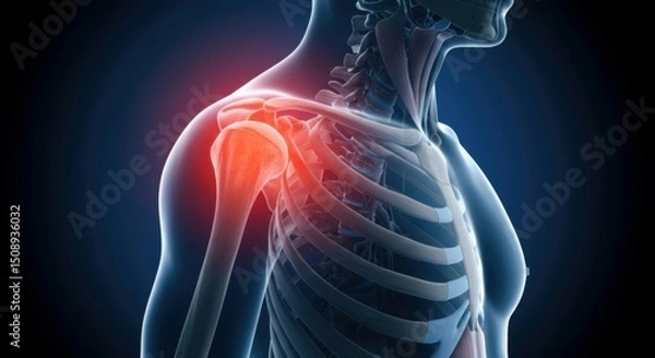 Fototapeta Detailed medical graphic of shoulder anatomy highlighting inflamed region with red pulsation.