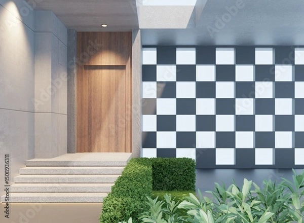 Fototapeta The entrance to the house has a sun-blocking wall with an empty parking space, decorated with shrubs and hidden lighting for the stairs.3d render