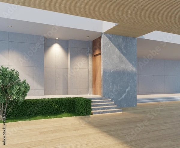 Fototapeta The entrance to the parking lot with the entrance to the house is an empty and simple area decorated with small bushes on the side of the house.3d render