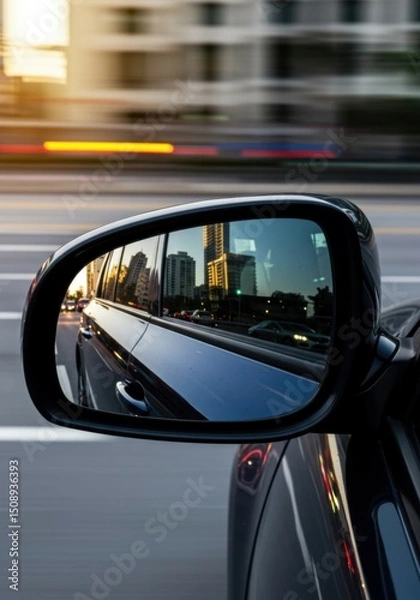 Fototapeta Blurred reflections of skyscrapers and traffic in a car's side mirror evoke a fast-paced city commute.
