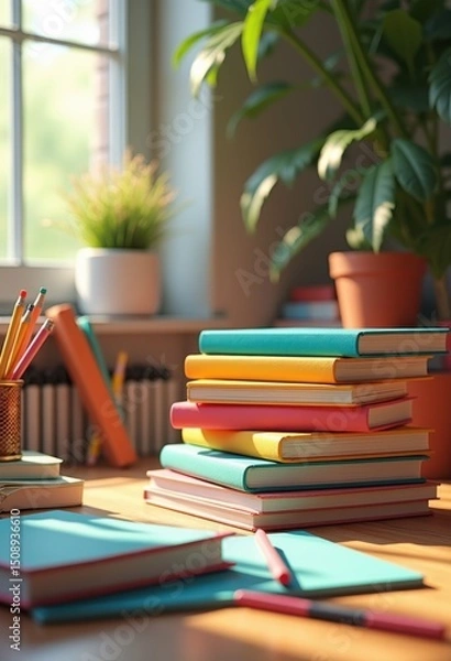 Fototapeta colorful stacked books surrounded bright school supplies art supplies stationery workspace learning study organization, pen, pencil, notebook, marker