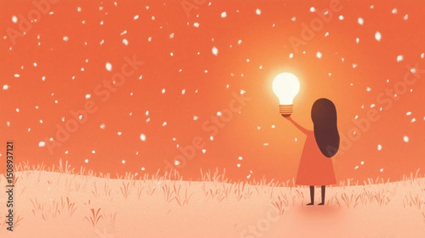 Obraz Minimalist illustration of person holding glowing light bulb in snowy landscape, evoking sense of wonder and warmth