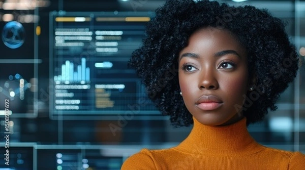 Fototapeta Innovation lab collaboration strategy concept. A woman with curly hair in front of digital data displays.