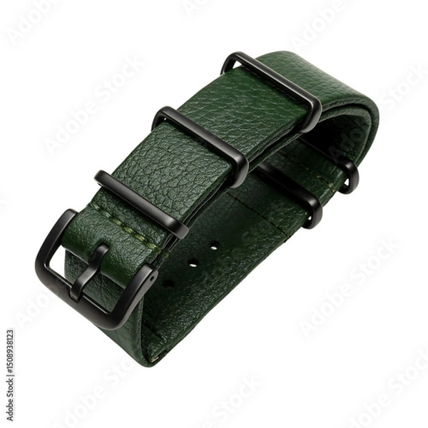 Obraz Green Leather NATO Watch Strap with Black Buckle on White Background.