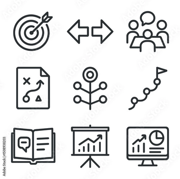 Fototapeta Business Goal Icons. Outline icon set of business goal alignment sessions: bullseye target,