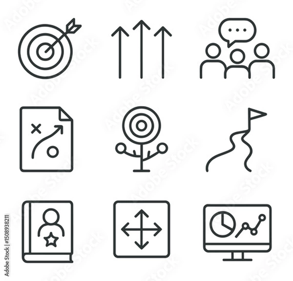 Fototapeta Business Goal Icons. Outline icon set of business goal alignment sessions: bullseye target,