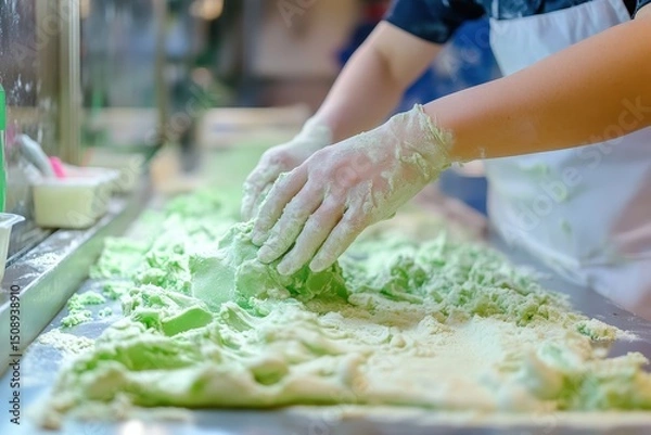 Obraz Hands Creating Delicious Green Treats with Flour and Sugar Mixture
