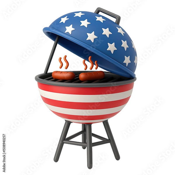 Fototapeta A cartoon grill with two hot dogs on it. The grill is red, white and blue and has a star on it