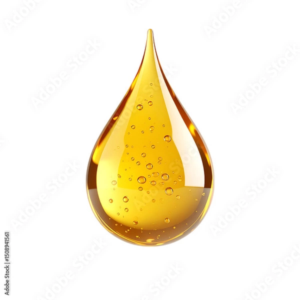 Obraz A shiny, golden droplet with a smooth surface and visible bubbles, resembling oil or a liquid substance