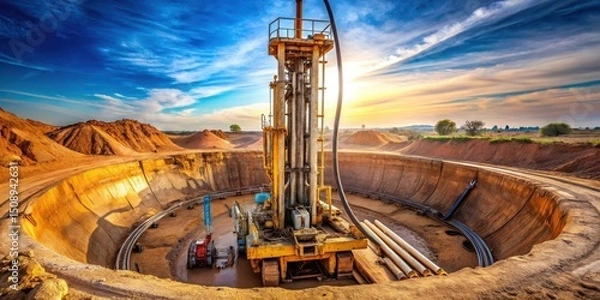 Fototapeta Drilling equipment in a deep well, rigging, earthworks