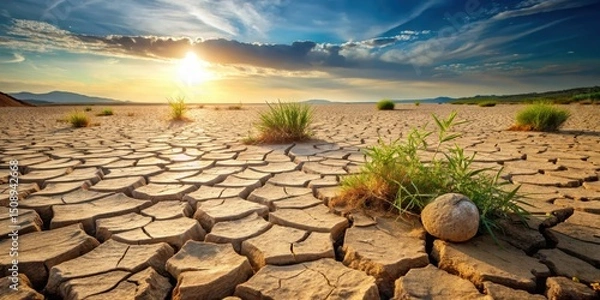 Fototapeta Dry cracked earth landscape with a few scattered rocks and weeds, desolation, geological,  desolation, geological, desert