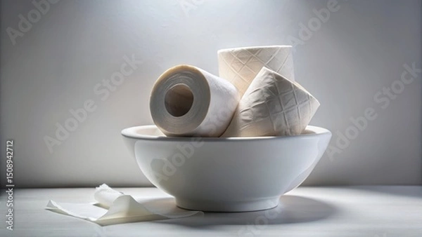 Fototapeta A close-up shot of rolled toilet paper in a porcelain bowl with a few sheets hanging loose, surrounded by a soft white glow , toilet accessories, personal care