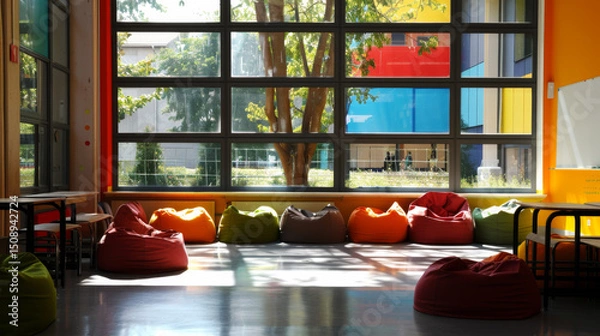 Obraz A vibrant arrangement of colorful beanbag chairs in a bright, open space with large windows, creating a relaxed atmosphere overlooking the school's outdoor courtyard.