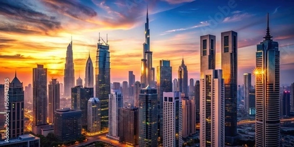 Fototapeta Dusk Skyline with Towering Skyscrapers , dusk, architecture,  dusk