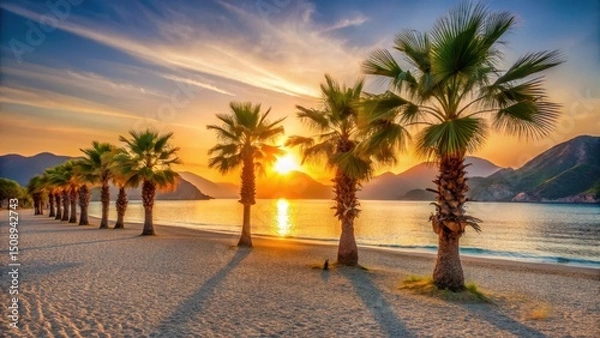 Fototapeta Golden sun setting behind palm trees on Oludeniz beach at sunset, sunset beach, warm sand