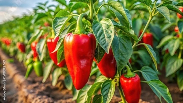 Fototapeta A lush red pepper plant in a farm field with multiple plants surrounding it, showcasing its unique growth pattern and vibrant color , farm field, pepper cultivation