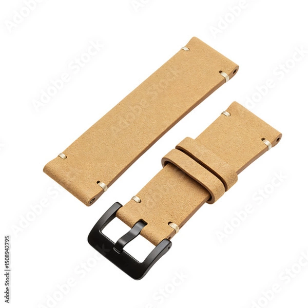 Obraz Close-up shot of brown textured leather watch strap with black buckle isolated.