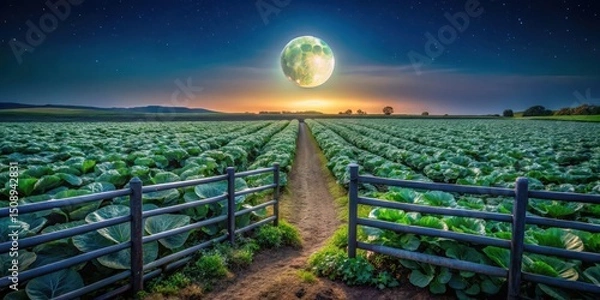 Fototapeta Cabbage fields under a full moon's gentle glow, farm gate in moonlight
