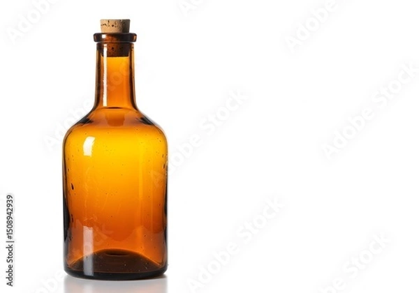 Fototapeta Isolated amber glass bottle with cork stopper on a white background with copy space
