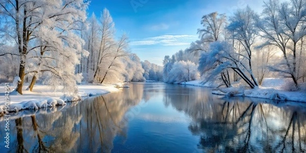 Fototapeta Frozen forest landscape with snow-covered trees along a serene winter river