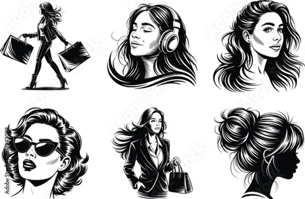 Fototapeta Woman Silhouette Bundle with White Background. Modern Woman Vector.