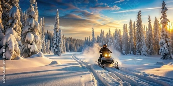 Fototapeta A snowmachine rider navigates through dense Alaskan forest covered in fresh powder, with bare trees and frozen lakes in the background, snowmachine riding, winter outdoor activities
