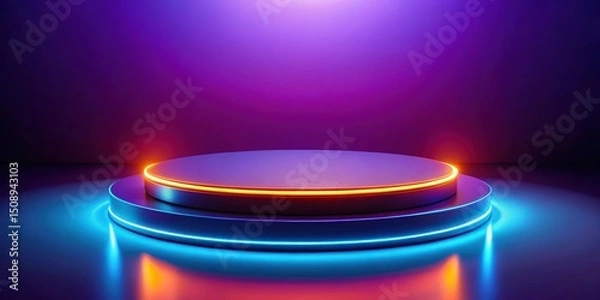 Fototapeta Platform with a round shape and a neon orange glow on a purple and blue gradient background, created using LED lights or a similar technology , modern, futuristic