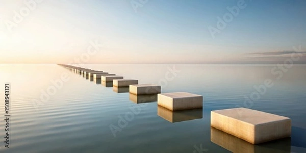 Fototapeta Abstract pathway of beige rectangular blocks floats over calm water, minimalist scenery, natural beauty
