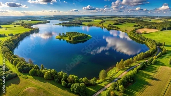 Fototapeta Panoramic view of a lake from a drone , meadows, lakes,  meadows, lakes