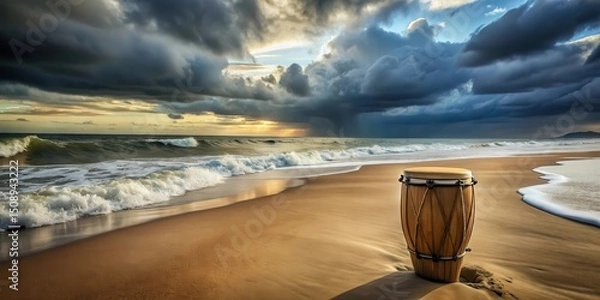 Fototapeta Conga drum on beach under stormy sky with waves and wind, ocean, landscape,  ocean, landscape, wind,beach, weather, instrument, atmosphere