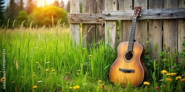 Fototapeta A guitar rests against a weathered wooden fence, set amidst lush green grass with wildflowers swaying gently in the breeze , grass