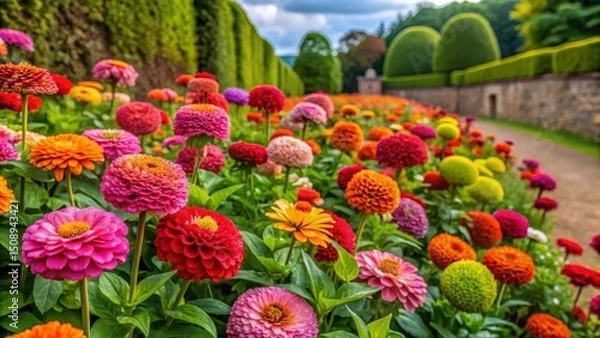 Fototapeta Colorful Zinnia elegans flowers in a formal garden border with ornate stone walls and perfectly manicured hedges, hedges