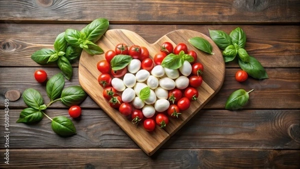 Fototapeta Fresh mozzarella and cherry tomatoes arranged in a heart shape on a wooden board with basil leaves, perfect for a romantic Valentine's Day dessert or snack, Mozzarella cheese, Valentine's Day