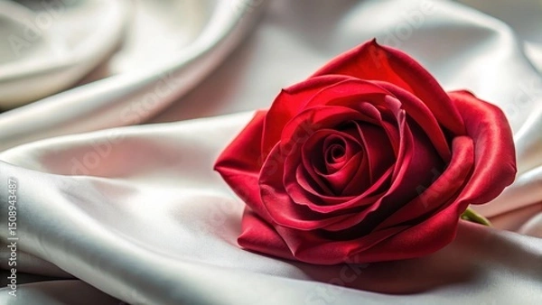 Fototapeta Close-up shot of a red satin rose in full bloom against a soft white background, close-up, flower