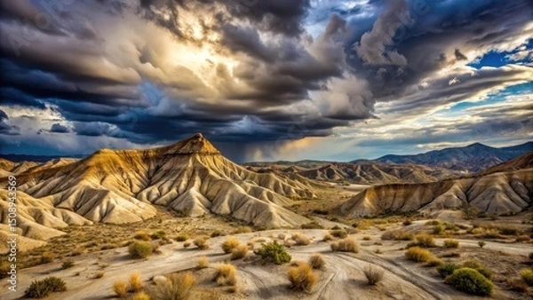 Fototapeta Dramatic clouds gather over Tabernas Desert in Almeria, with twisted rock formations and a vast sandy landscape, landscape, dramatic sky