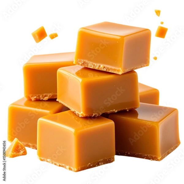 Fototapeta Delicious, glossy caramel cubes stacked attractively, showcasing a rich golden color and smooth texture
