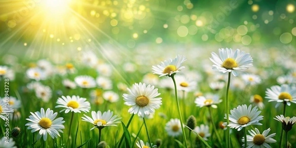 Fototapeta Emerald green fields with small white flowers and a few yellow daisies, springtime scene