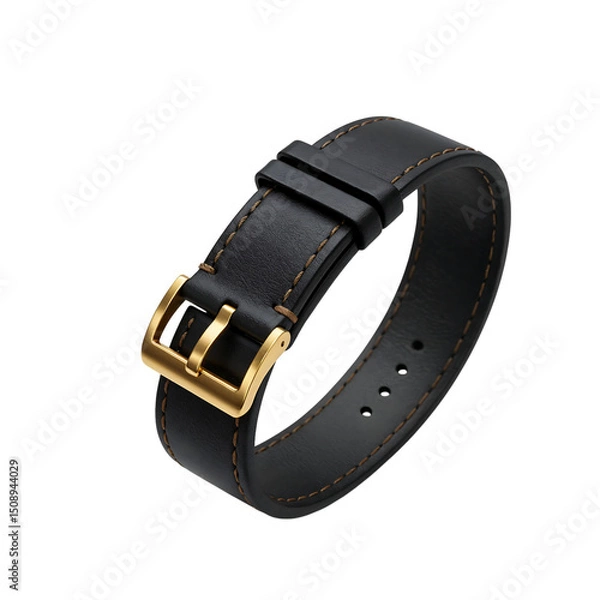 Obraz Black leather watch strap with golden buckle on white background, wrist accessory.