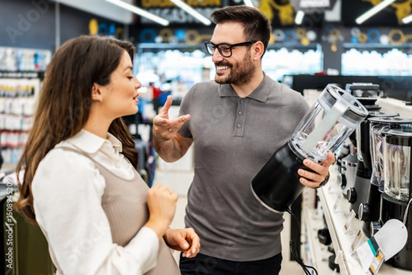 Obraz Smiling shop assistant helping a pregnant customer choose home appliances while showcasing various products in a vibrant electronics store