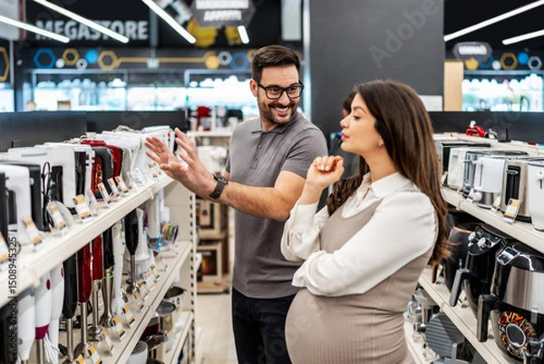 Obraz Smiling shop assistant helping a pregnant customer choose home appliances while showcasing various products in a vibrant electronics store