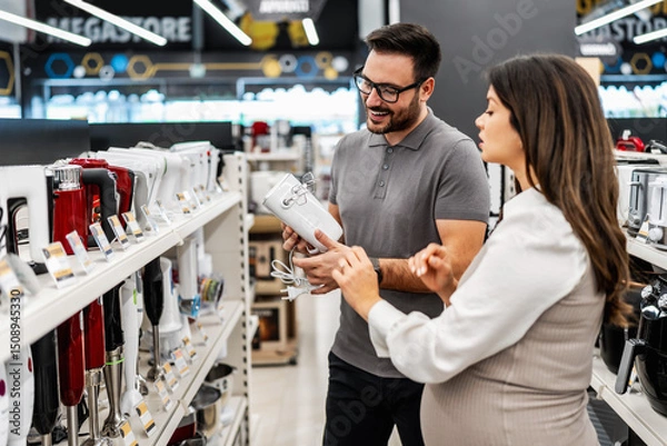 Obraz Smiling shop assistant helping a pregnant customer choose home appliances while showcasing various products in a vibrant electronics store