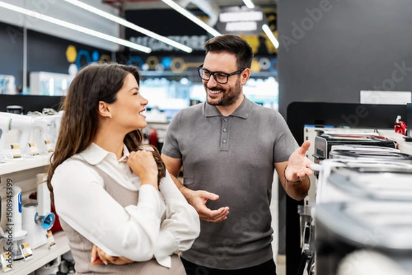 Obraz Smiling shop assistant helping a pregnant customer choose home appliances while showcasing various products in a vibrant electronics store