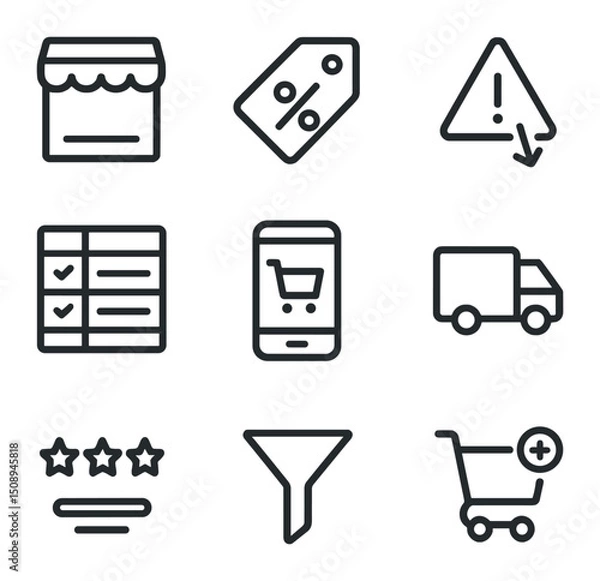 Fototapeta E-Commerce Icon Set. Outline icon set of e-commerce price tracking: digital storefront, percentage