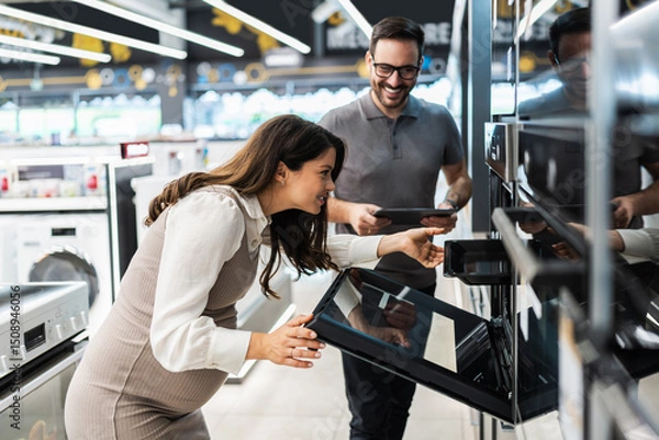 Obraz Smiling pregnant woman opening oven door and pointing inside while shopping for new kitchen appliances with cheerful salesman holding digital tablet in electronics store