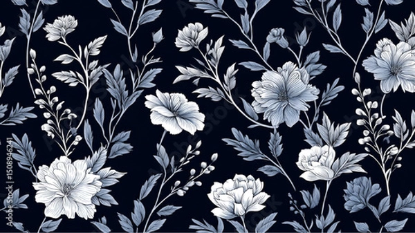 Obraz Monochrome floral pattern featuring white flowers and leaves on a dark blue background design repeat